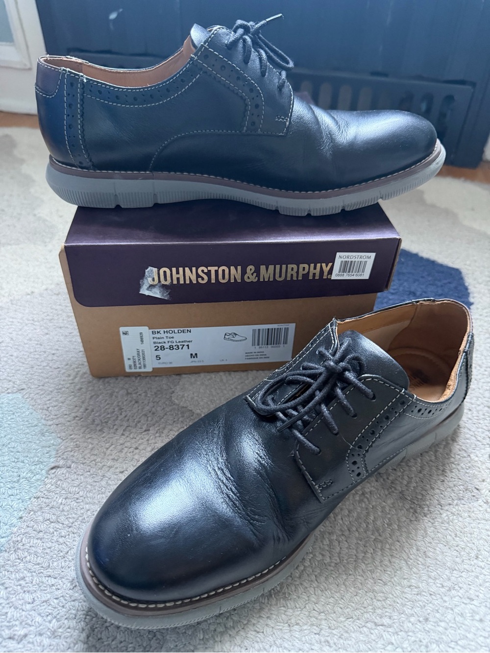 Johnston & Murphy Black Leather Lace-Up Derby with Gray Sole